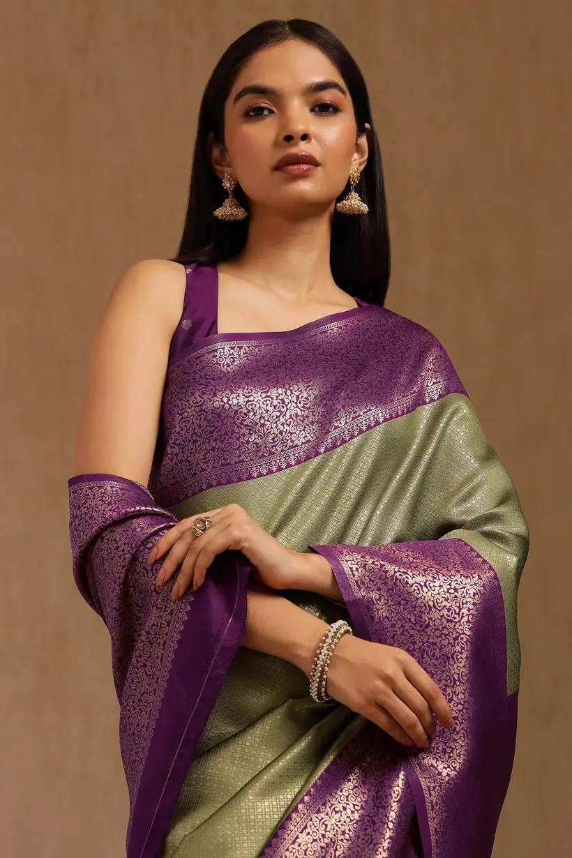 Olive Silk Blend Zari Woven Saree